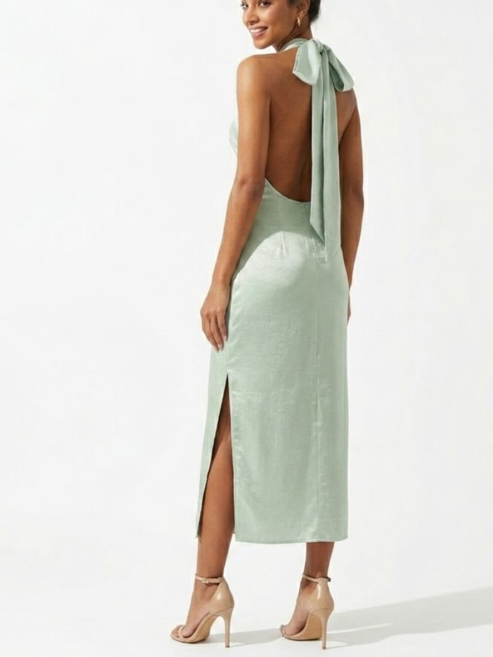 H&M Sage Green Lyocell Halter Maxi Dress Open Back Side Slit Clean Girl Size S - Picture 2 of 16